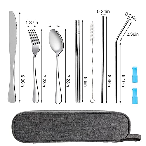 OASMU Travel Utensils Set with Case Reusable Portable Cutlery Set Stainless Steel 8pcs Including Dinner Knife Fork Spoon Chopsticks Straws(Silver) - Image 3