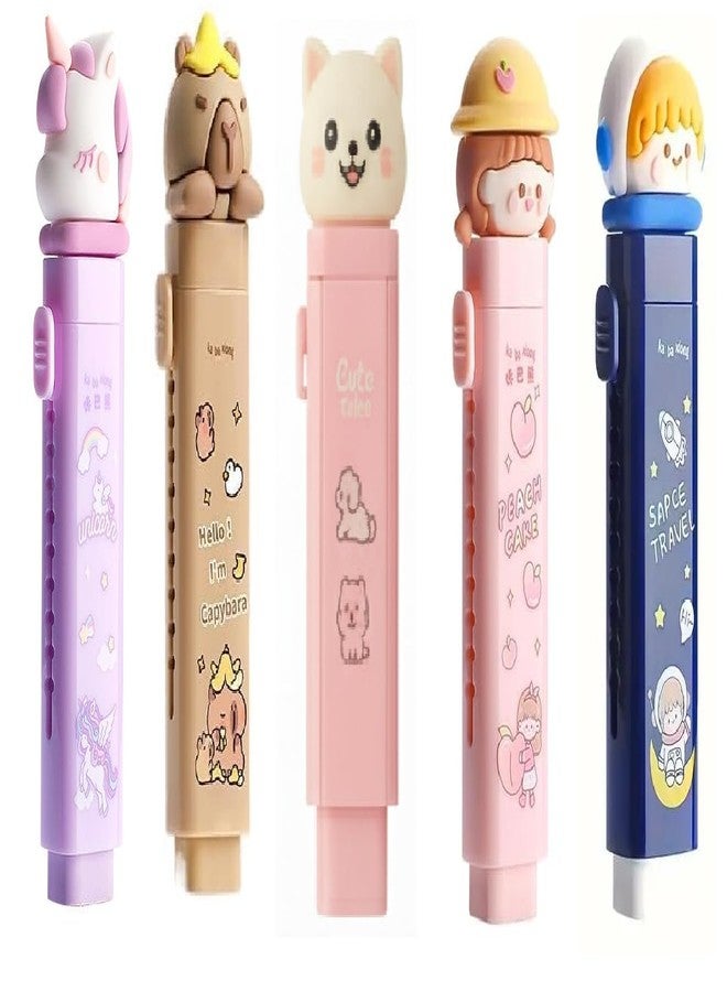 Invite Enterprise Cartoon-Style Adorable Erasers Children School Office:Push Pull Retractable Erasers with a Pastel Aesthetic Pencil Eraser & Cute Rubber (Purple + Brown + Baby Pink + Blue + Cat Pink)(Pack of 5) - Image 1