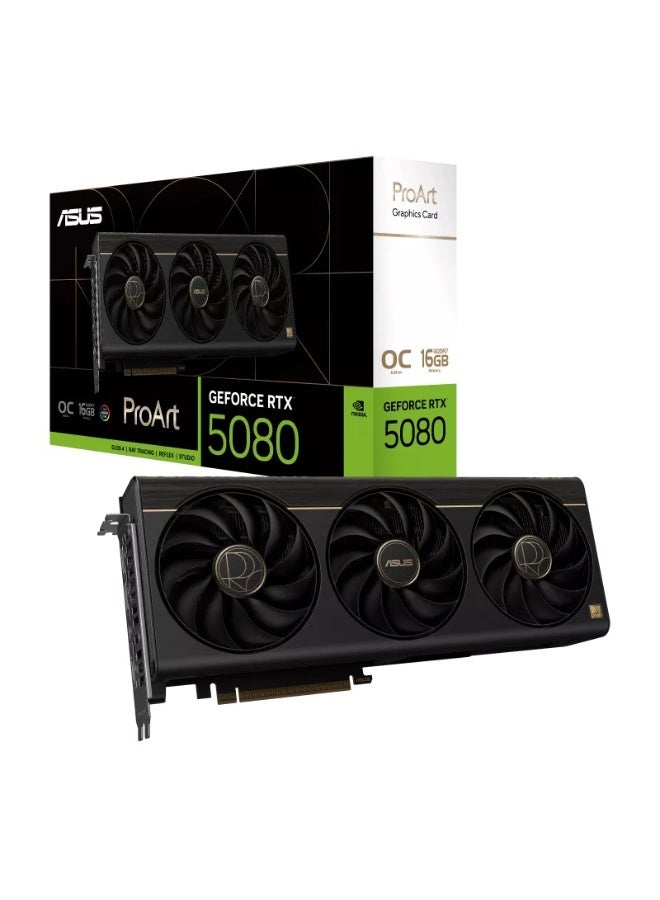 ASUS ProArt GeForce RTX 5080 OC Edition 16GB GDDR7 Graphics Card, NVIDIA Blackwell GPU, 1858 AI TOPS, DLSS 4, Ray Tracing, 2.5-Slot SFF Design, Triple Axial-Tech Fans, Vapor Chamber Cooling, Aura Sync, Auto-Extreme, GPU Tweak III, Black | 90YV0N30-M0NA00 - Image 1