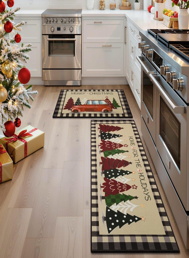 StepRite Kitchen Mats for Floor，2 PCS Christmas Kitchen Rugs, Non-Slip Bottom with Christmas Tree Print, Low-Profile Mat for Home, Office, Sink, Kitchen,Hallway,Holiday Decor(17”x30”+17”x47”-Brown) - Image 2
