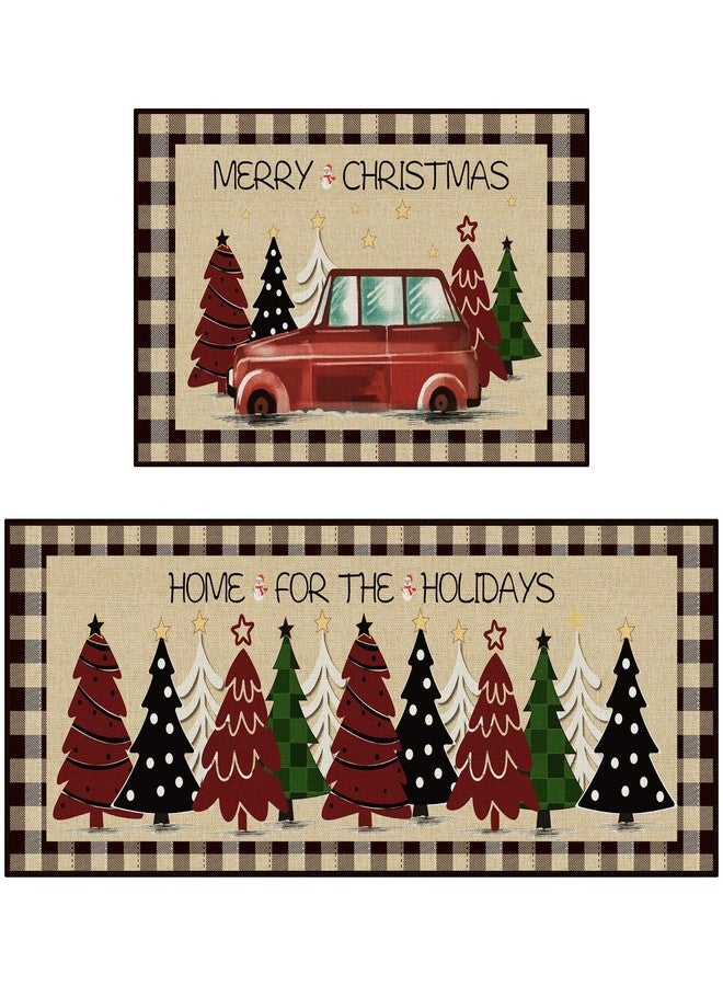 StepRite Kitchen Mats for Floor，2 PCS Christmas Kitchen Rugs, Non-Slip Bottom with Christmas Tree Print, Low-Profile Mat for Home, Office, Sink, Kitchen,Hallway,Holiday Decor(17”x30”+17”x47”-Brown) - Image 1