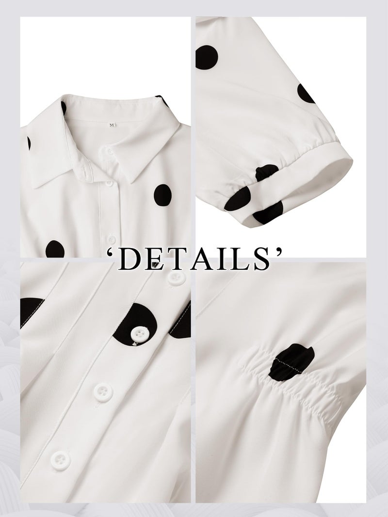 Nlife Women Polka Dot Pleated Peplum Blouse 3/4 Sleeve Button Down Cinched Waist Shirt Fitted Flattering Office Daytime Top - Image 5