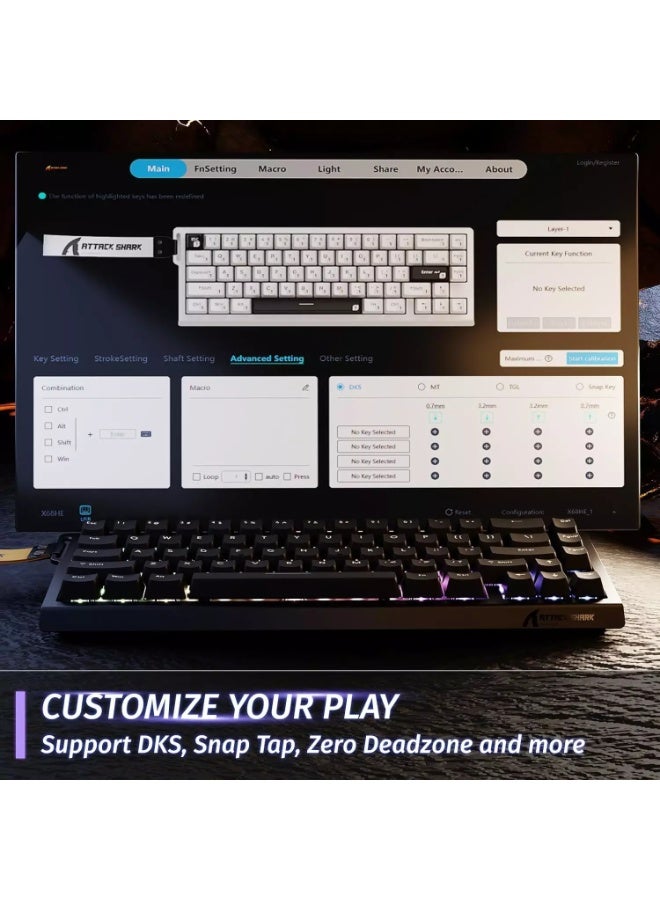 هجوم القرش لوحة مفاتيح الألعاب المغناطيسية X68 HE Rapid Trigger RGB مع إمكانية ضبط مستوى التشغيل، ومفتاح مغناطيسي بتقنية تأثير هول، ومعدل استجابة 8 كيلو هرتز - أسود - Image 3