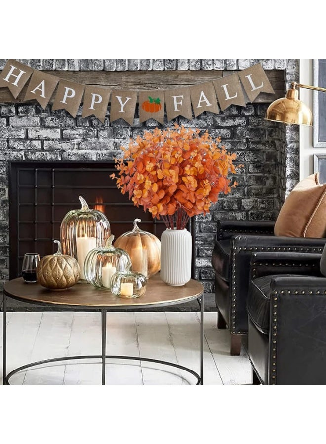 3pcs Artificial Fall Eucalyptus Leaves Fake Eucalyptus Branches Faux Silk Eucalyptus Stems Orange Silver Dollar Eucalyptus Plant for Autumn Home Wedding Table Thanksgiving Decor(Orange) - Image 4