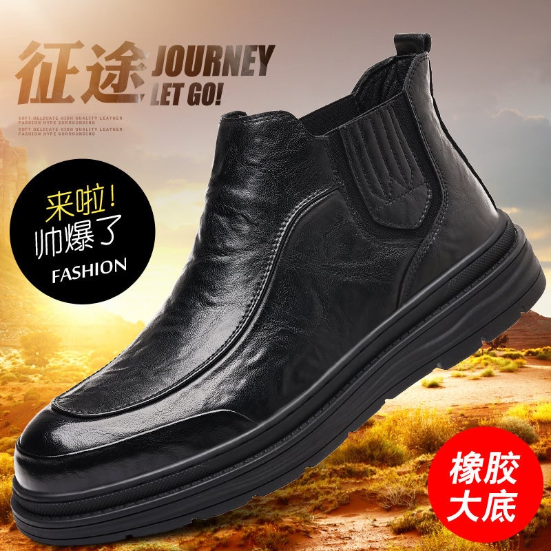 Boots Men'S British Style Genuine Leather Mid-Top Fleece-Lined Warm Men'S New Youth Fashion Chelsea Casual Short Boots - Image 3