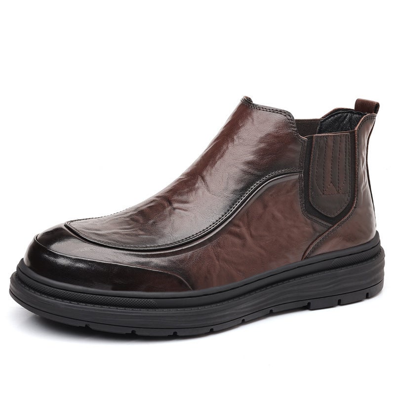 Boots Men'S British Style Genuine Leather Mid-Top Fleece-Lined Warm Men'S New Youth Fashion Chelsea Casual Short Boots - Image 1
