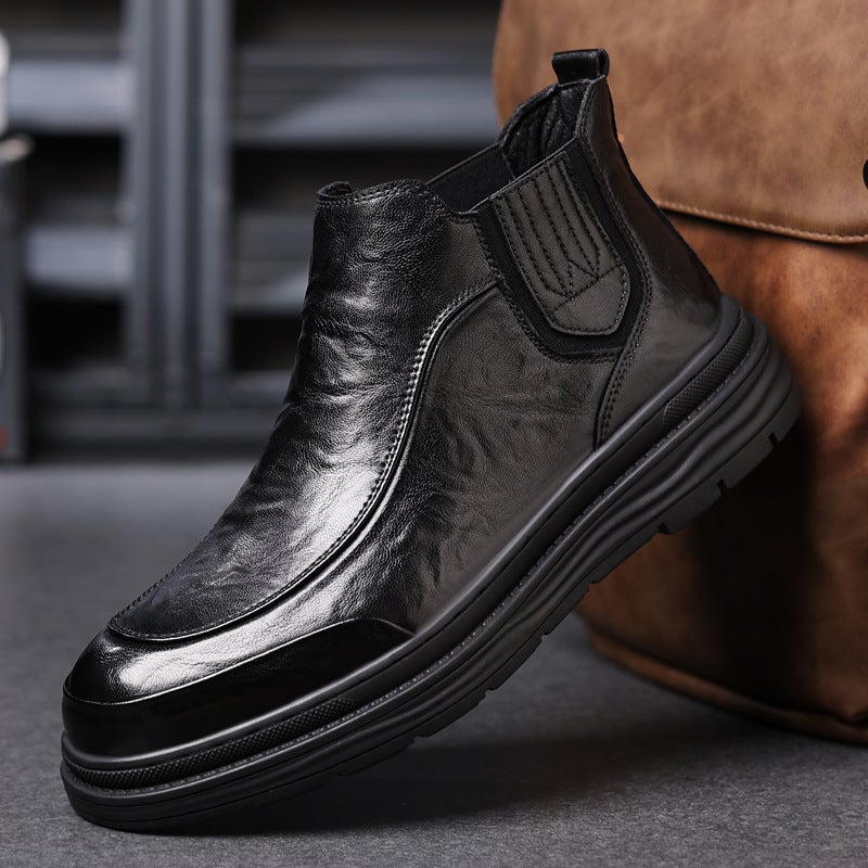 Boots Men'S British Style Genuine Leather Mid-Top Fleece-Lined Warm Men'S New Youth Fashion Chelsea Casual Short Boots - Image 4