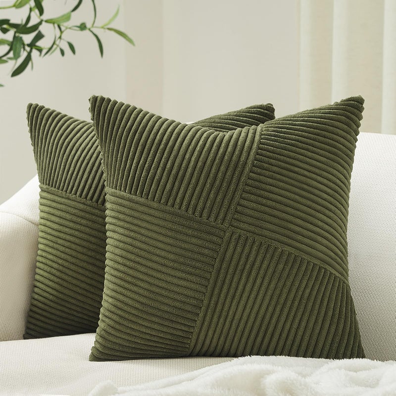 Topfinel 24x24 inches Pillow Covers Set of 2 Olive Green Corduroy Decorative Throw Pillow Covers for Sofa Couch Bed  Windmill Textured Striped Patchwork Couch Spring Pillow Case 60x60 cm - Image 1