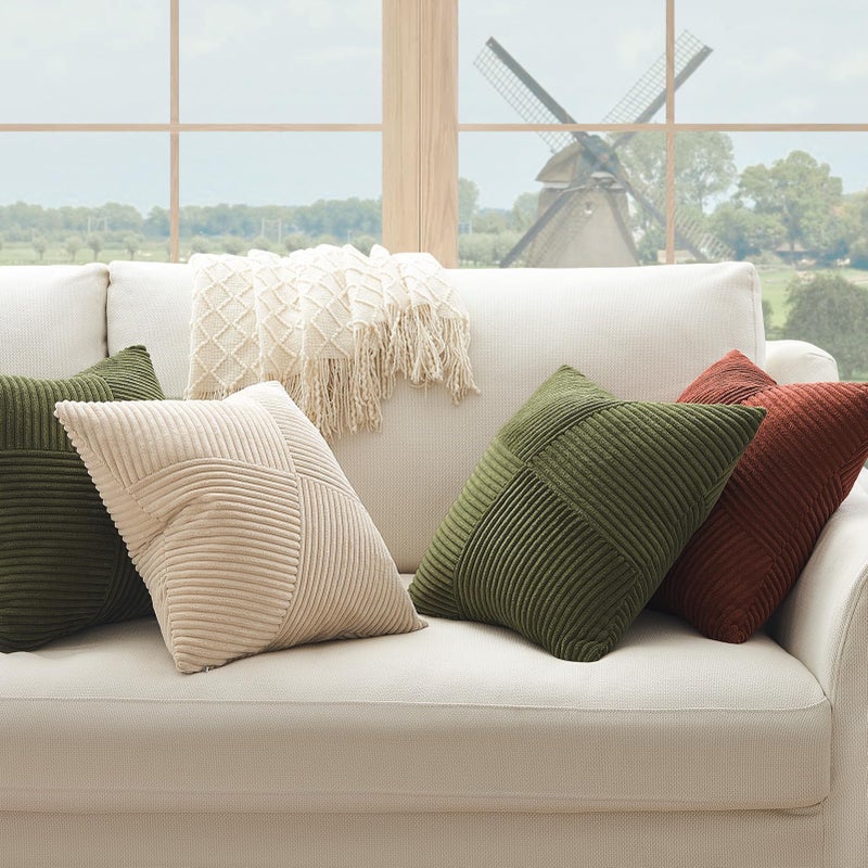 Topfinel 24x24 inches Pillow Covers Set of 2 Olive Green Corduroy Decorative Throw Pillow Covers for Sofa Couch Bed  Windmill Textured Striped Patchwork Couch Spring Pillow Case 60x60 cm - Image 4