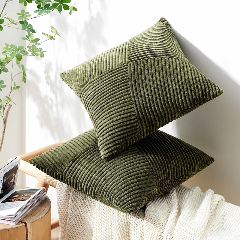 Topfinel 24x24 inches Pillow Covers Set of 2 Olive Green Corduroy Decorative Throw Pillow Covers for Sofa Couch Bed  Windmill Textured Striped Patchwork Couch Spring Pillow Case 60x60 cm - Image 3