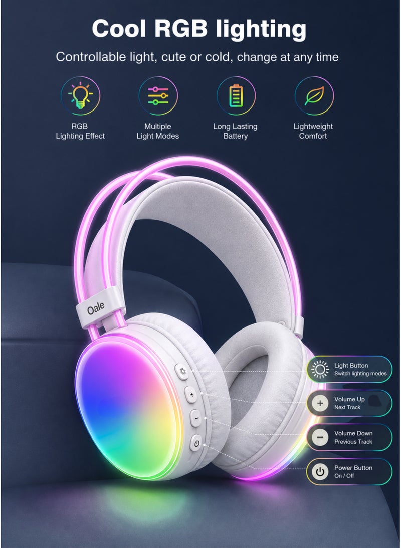 أوالي, سماعات ألعاب لاسلكية Oale RGB بتقنية بلوتوث 5.4، تغطي الأذن بالكامل، صوت ستيريو عالي الدقة، تقنية إلغاء الضوضاء ENC، محركات ديناميكية 40 مم، إضاءة LED RGB، شحن سريع USB-C، تشغيل يصل إلى 14 ساعة، سماعة رأس خفيفة الوزن قابلة للطي لأجهزة الكمبيوتر الشخصية، وأجهزة الكمبيوتر المحمولة، والهواتف المحمولة، والأجهزة اللوحية، والألعاب - أبيض - Image 2
