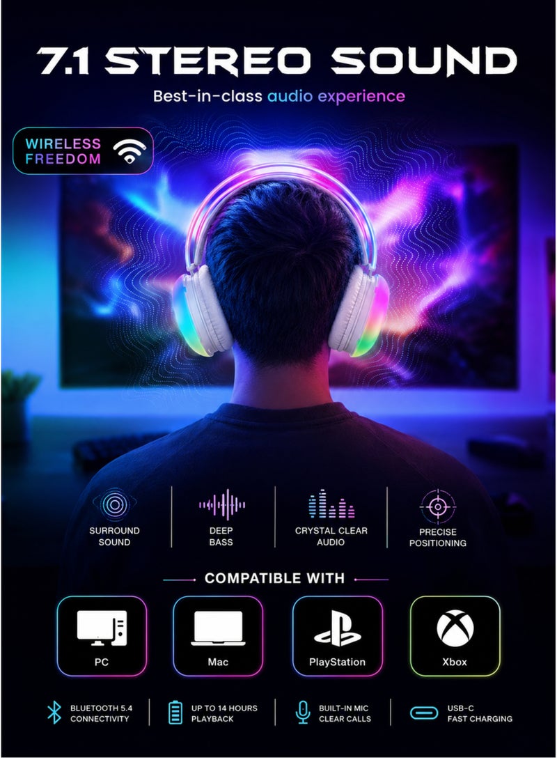 أوالي, سماعات ألعاب لاسلكية Oale RGB بتقنية بلوتوث 5.4، تغطي الأذن بالكامل، صوت ستيريو عالي الدقة، تقنية إلغاء الضوضاء ENC، محركات ديناميكية 40 مم، إضاءة LED RGB، شحن سريع USB-C، تشغيل يصل إلى 14 ساعة، سماعة رأس خفيفة الوزن قابلة للطي لأجهزة الكمبيوتر الشخصية، وأجهزة الكمبيوتر المحمولة، والهواتف المحمولة، والأجهزة اللوحية، والألعاب - أبيض - Image 5