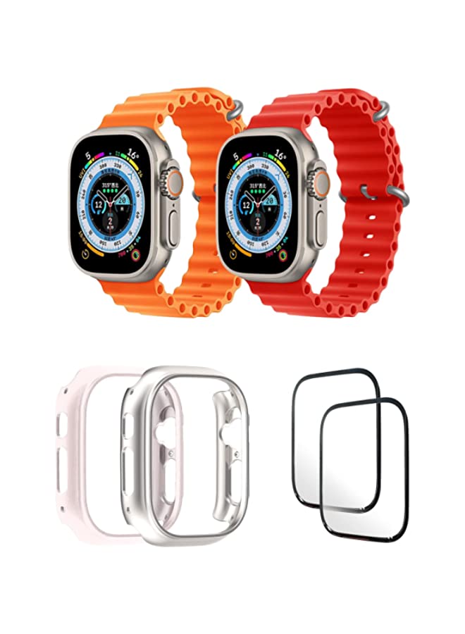 IAF Silicone Ocean Band Strap for Apple Watch Ultra 8 49mm Orange/Red , Case Compatible with Apple Watch Ultra 49mm Pink/Transparent , 2* pcs Watch glass Set of 6