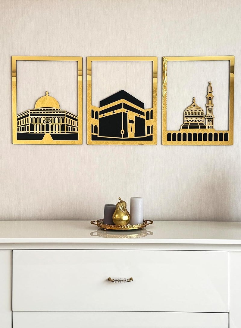 تي بي جي بي لوحة حائط إسلامية للمسجد الأقصى، المسجد الحرام والمسجد النبوي | ديكور حائط الكعبة من الخشب والأكريليك الذهبي | زينة رمضان | هدية للمسلمين (وسط) - Image 1
