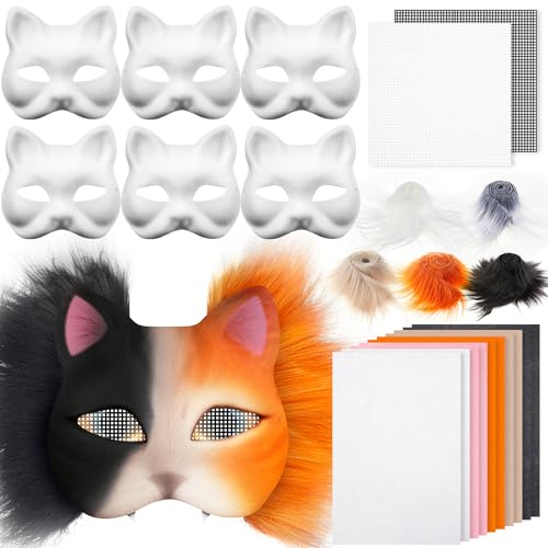 Seenelling 23 Pcs DIY Therian Mask Kit Blank Cat Mask with Felt Fabric Sheet Plush Faux Fur Eye Mesh for Therian Gear Stuff Orange and Black - Image 1