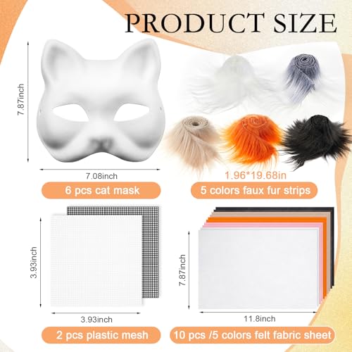 Seenelling 23 Pcs DIY Therian Mask Kit Blank Cat Mask with Felt Fabric Sheet Plush Faux Fur Eye Mesh for Therian Gear Stuff Orange and Black - Image 5