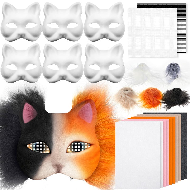 Seenelling 23 Pcs DIY Therian Mask Kit Blank Cat Mask with Felt Fabric Sheet Plush Faux Fur Eye Mesh for Therian Gear Stuff Orange and Black - Image 2
