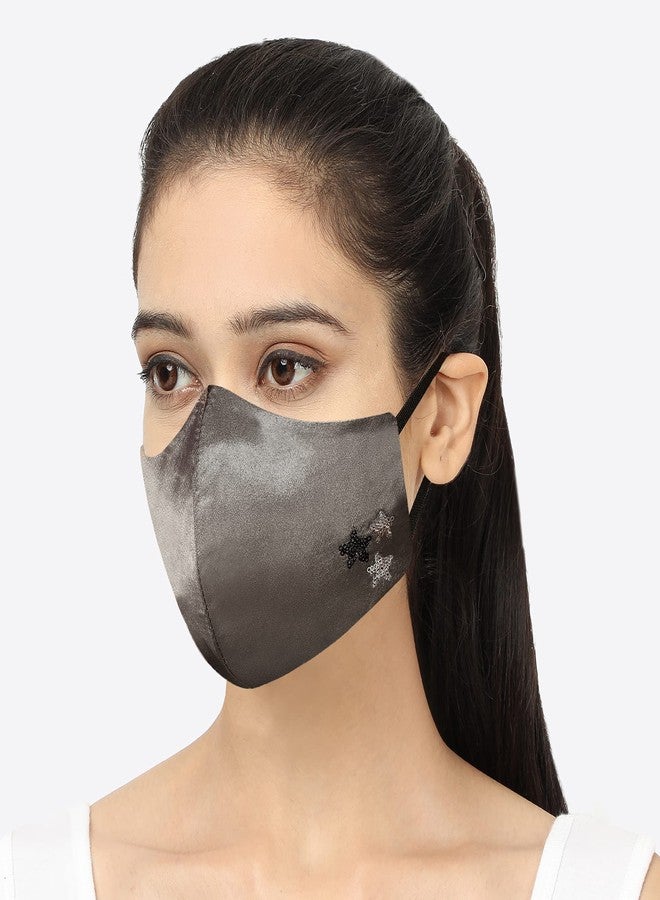 MASQ By Q-One 4 Layer Reusable, Washable with Detachable Chain & Ear Adjusters, Anti-Bacterial (BFE>99%) Embroidered Satin Cloth Face Mask Combo for Women, Girls (Pink-Peach-Grey, Medium, Pack of 3) - Image 2