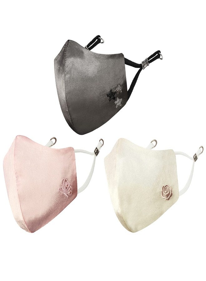 MASQ By Q-One 4 Layer Reusable, Washable with Detachable Chain & Ear Adjusters, Anti-Bacterial (BFE>99%) Embroidered Satin Cloth Face Mask Combo for Women, Girls (Pink-Peach-Grey, Medium, Pack of 3) - Image 1