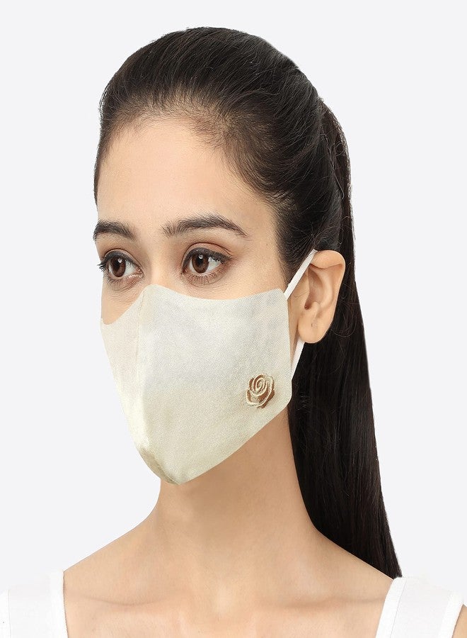 MASQ By Q-One 4 Layer Reusable, Washable with Detachable Chain & Ear Adjusters, Anti-Bacterial (BFE>99%) Embroidered Satin Cloth Face Mask Combo for Women, Girls (Pink-Peach-Grey, Medium, Pack of 3) - Image 5
