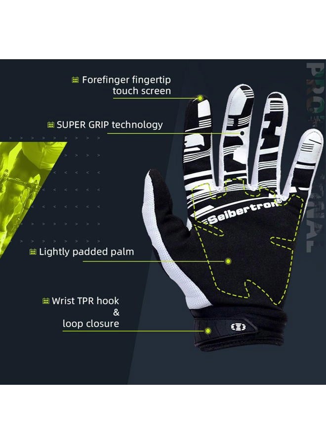 Seibertron Unisex MX ATV MTB Racing Gloves - Full Finger Touchscreen Glove for Bicycle Cycling Mountain Biking Motorcycle and Motocross White XS - Image 5