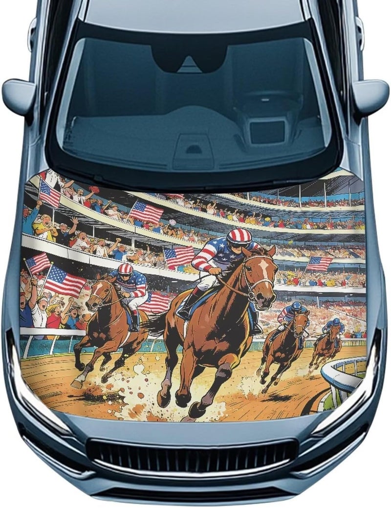 HUIACONG Racehorse Car Hood Cover Horse Racing Festival Hood Cover Protector of Cars Universal Fit Cars SUV Trucks Van，39x59 in - Image 1