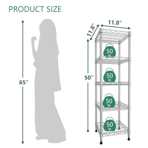 GIOTORENT 5 Tier Standing Shelving Metal Units, Adjustable Height Wire Shelf Display Rack for Laundry Bathroom Kitchen 11.8 W x 11.8 D x 50 H (5-Tier, Grey, Matte/Glossy Finish) - Image 2