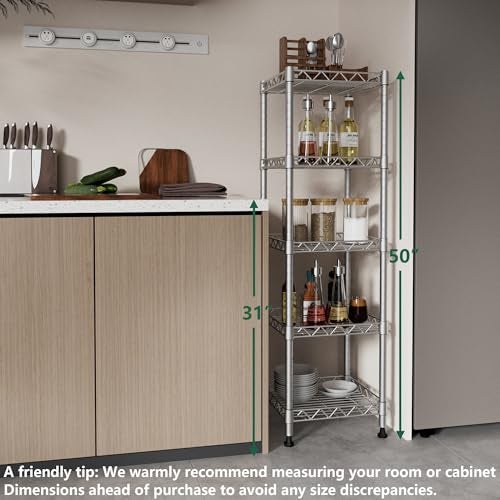 GIOTORENT 5 Tier Standing Shelving Metal Units, Adjustable Height Wire Shelf Display Rack for Laundry Bathroom Kitchen 11.8 W x 11.8 D x 50 H (5-Tier, Grey, Matte/Glossy Finish) - Image 4