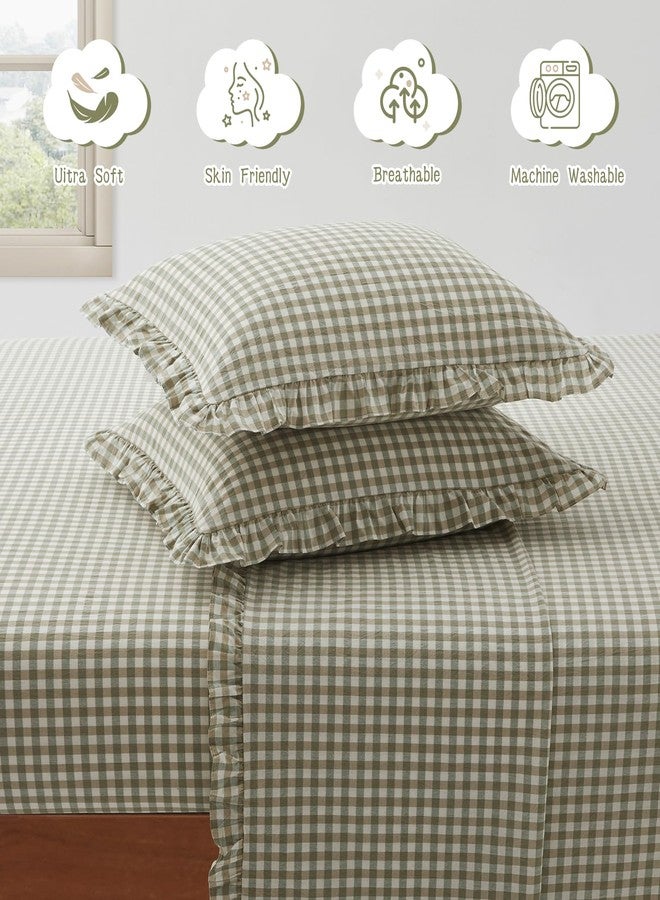 KKJIAF 4 Pieces Plaid Ruffle Full Size Bed Sheets, Cotton Gingham Full Size Sheet Set Linen Feel Comfy Breathable Ruffed Bed Sheet Set with 16 Inch Deep Pocket, Sage Green - Image 4
