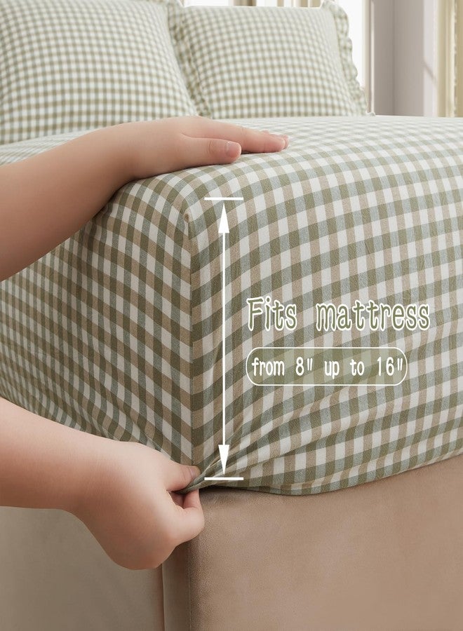 KKJIAF 4 Pieces Plaid Ruffle Full Size Bed Sheets, Cotton Gingham Full Size Sheet Set Linen Feel Comfy Breathable Ruffed Bed Sheet Set with 16 Inch Deep Pocket, Sage Green - Image 5