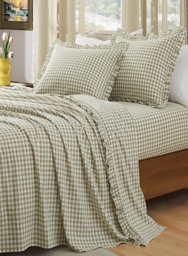 KKJIAF 4 Pieces Plaid Ruffle Full Size Bed Sheets, Cotton Gingham Full Size Sheet Set Linen Feel Comfy Breathable Ruffed Bed Sheet Set with 16 Inch Deep Pocket, Sage Green - Image 1