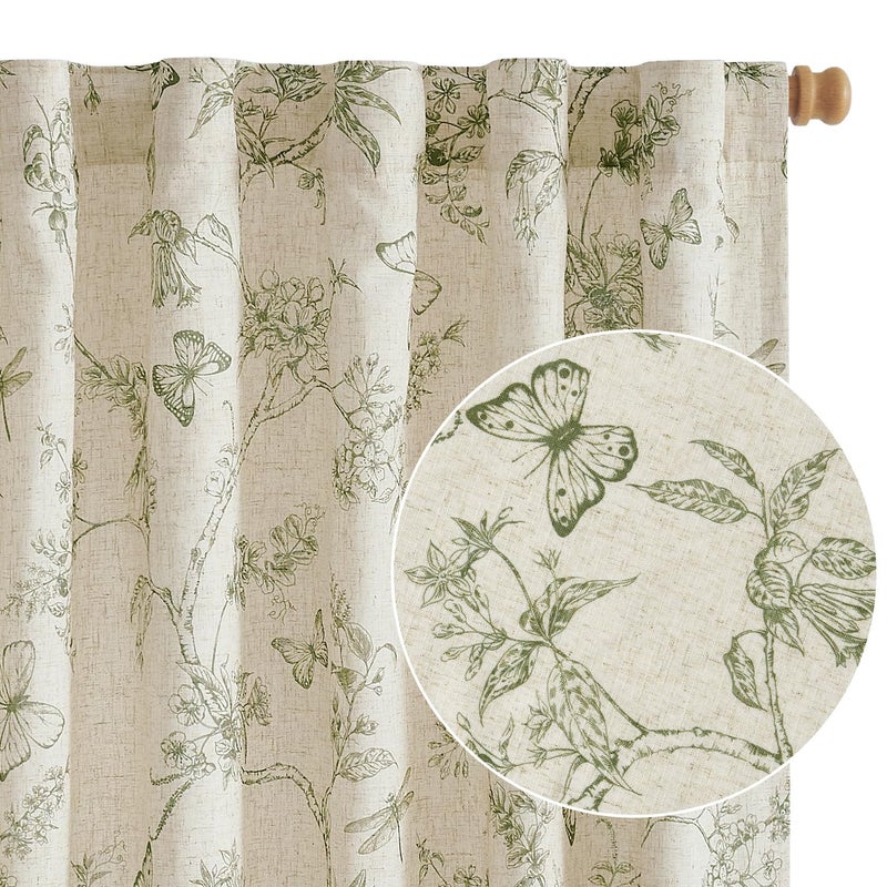 Lazzzy Charlotte Green Floral Lined Linen Farmhouse Curtains 84 Inch Long Back Tab Drapes for Living Room Bedroom Light Filtering Vintage Rod Pocket, 2 Panels, Green on Beige - Image 1