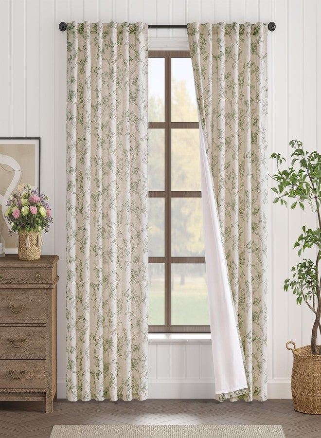 Lazzzy Charlotte Green Floral Lined Linen Farmhouse Curtains 84 Inch Long Back Tab Drapes for Living Room Bedroom Light Filtering Vintage Rod Pocket, 2 Panels, Green on Beige - Image 2