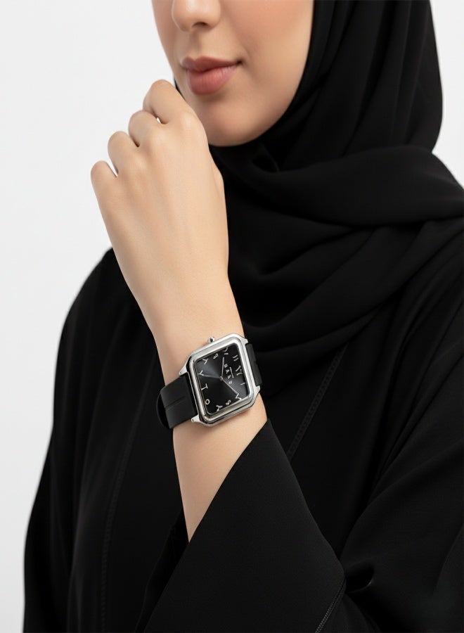صبر ساعة عربية للرجال والنساء – ساعة يد كوارتز بتصميم مربع وهيكل من سبيكة معدنية، أرقام عربية واضحة، سوار سيليكون مع مشبك مغناطيسي، زجاج معدني، مقاومة للماء 3ATM، هدية لمحبي الساعات العربية - Image 3