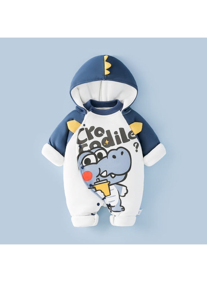 Duoxiluk Infant Cotton Jacket Autumn And Winter Style Baby Fleece-lined Onesie Padded Warm Thickened, Dark Blue Big Dinosaur, Size 90