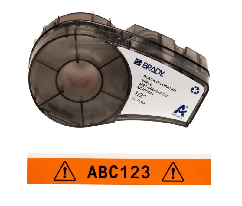 Brady Authentic (M21-500-595-OR) All-Weather Vinyl Label for Indoor/Outdoor ID, Lab and Equipment Labeling, Black on Orange- For M210, M210-LAB, M211, BMP21-PLUS and BMP21-LAB Printers, .5" W, 21' L - Image 1