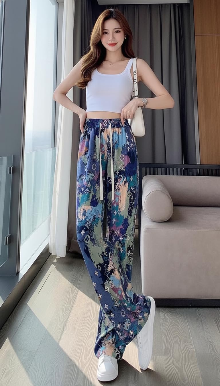 Celary Korean Women Printed Wide Leg Palazzo Pants - Mid Waist Elastic Casual Trousers - Image 4