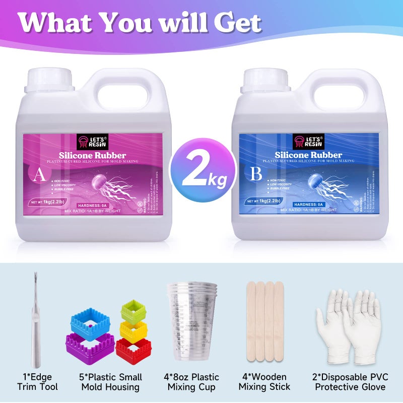 LET'S RESIN مجموعة صنع القوالب من LET'S RESIN 0A، سيليكون مرن وناعم للغاية 70.5 أونصة، سيليكون سائل لصنع القوالب معالجة بلاتينية، مثالي لقوالب السيليكون ثلاثية الأبعاد، قوالب الشموع، قوالب الصابون، قوالب الراتنج - Image 2
