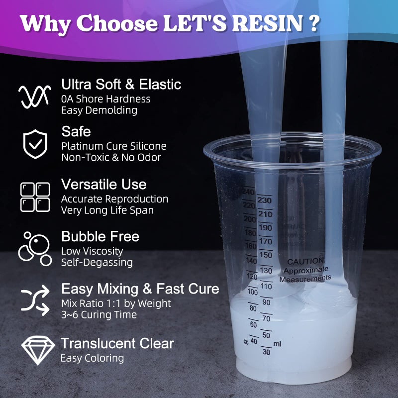 LET'S RESIN مجموعة صنع القوالب من LET'S RESIN 0A، سيليكون مرن وناعم للغاية 70.5 أونصة، سيليكون سائل لصنع القوالب معالجة بلاتينية، مثالي لقوالب السيليكون ثلاثية الأبعاد، قوالب الشموع، قوالب الصابون، قوالب الراتنج - Image 3