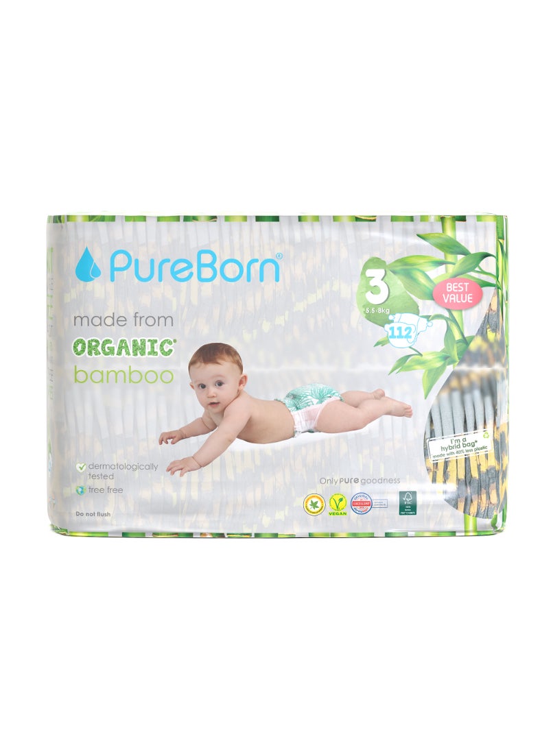 PureBorn Organic Diapers Size-3 5.5-8kg Master Value Pack Leopard Print 112 Diapers  - Image 1