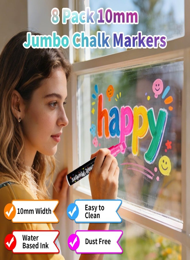 Reaeon Jumbo Liquid Chalk Markers for Blackboards, Bold Color Erasable Chalk Pens with 10mm 3 in 1 Nib, Washable Dust-Free Pens for Glass, Signs, Windows, Cars, Chalkboard (8-Pack) - Image 3