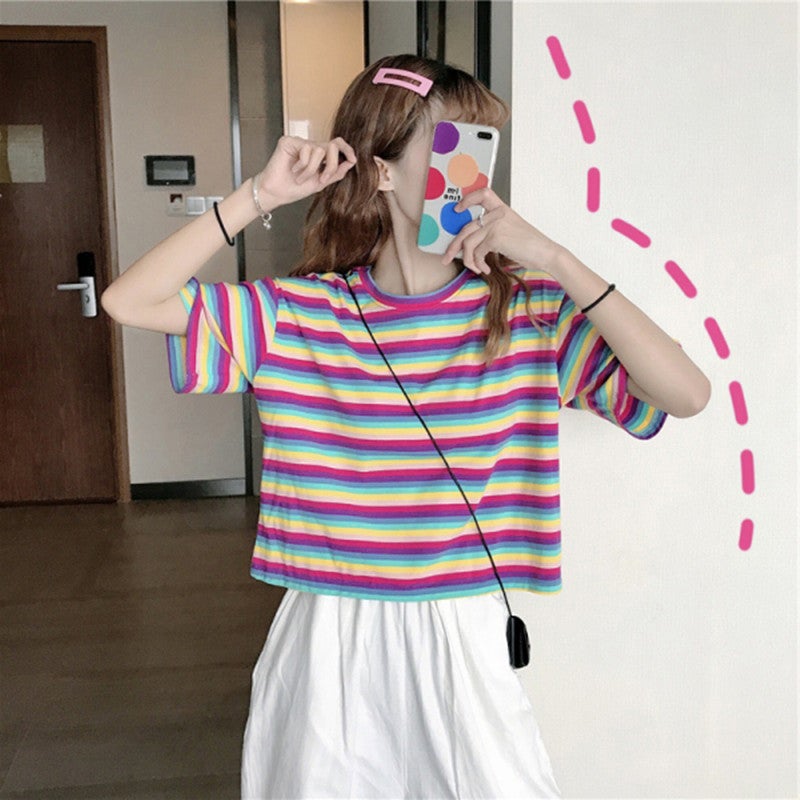 Rainbow Striped Short-sleeved T-shirt Womens 2020 Spring and Summer New Korean-style Loose Short Western-style All-match Internet Celebrity Top 330 red and purple stripes