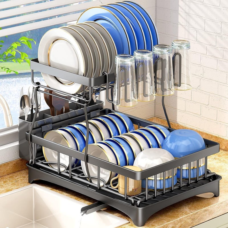 Glaceon Dish Drying Rack Multifunctional Dish Rack Rustproof Kitchen Dish Drying Rack with Drainboard Utensil Holder 2Tier Dish Drying Rack with a Large Capacity for Kitchen Counter Black3 - Image 1