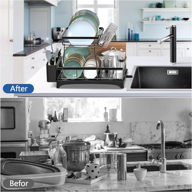 Glaceon Dish Drying Rack Multifunctional Dish Rack Rustproof Kitchen Dish Drying Rack with Drainboard Utensil Holder 2Tier Dish Drying Rack with a Large Capacity for Kitchen Counter Black3 - Image 3