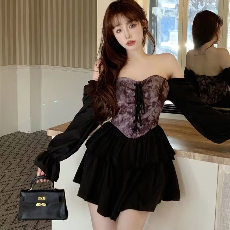 Ink Tie-Dyed Irregular Dress Women'S Design Sense Niche Off-Shoulder Waist Strap Court Pettiskirt - Image 1