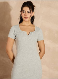 SASSAFRAS Solid Melange Rib Notch Neck Bodycon Midi Dress by Styli  - Image 4
