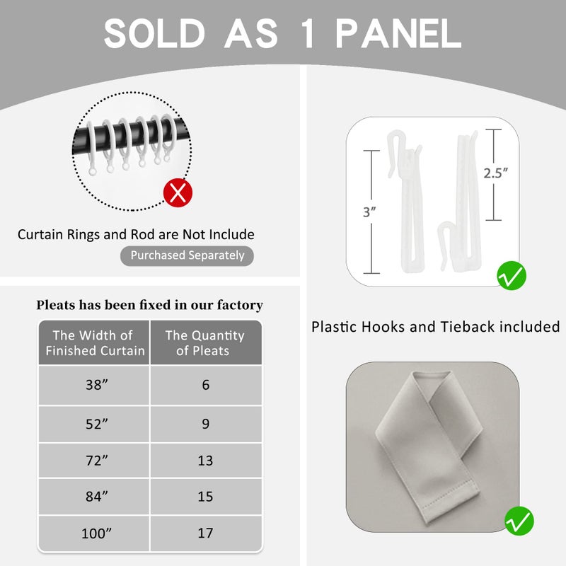 OYRING Blackout Pinch Pleat Curtain with Tieback for Small Window  Thermal Insulated Patio Door Pleated Curtain Panel Drape for Traverse Rod and Track  52"" W x 63"" L  Light Grey  1 Panel - Image 4