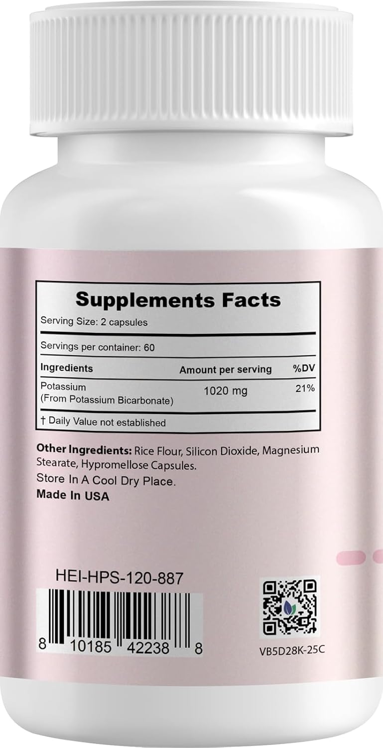 Heivy Potassium Supplement 510 mg Potassium Bicarbonate Supports Electrolyte Balance Muscle Function  Heart Health Gluten Free NonGMO 120 Vegetarian Capsules - Image 2