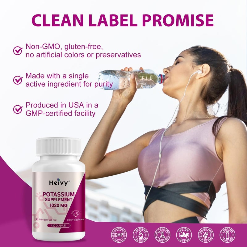 Heivy Potassium Supplement 510 mg Potassium Bicarbonate Supports Electrolyte Balance Muscle Function  Heart Health Gluten Free NonGMO 120 Vegetarian Capsules - Image 4