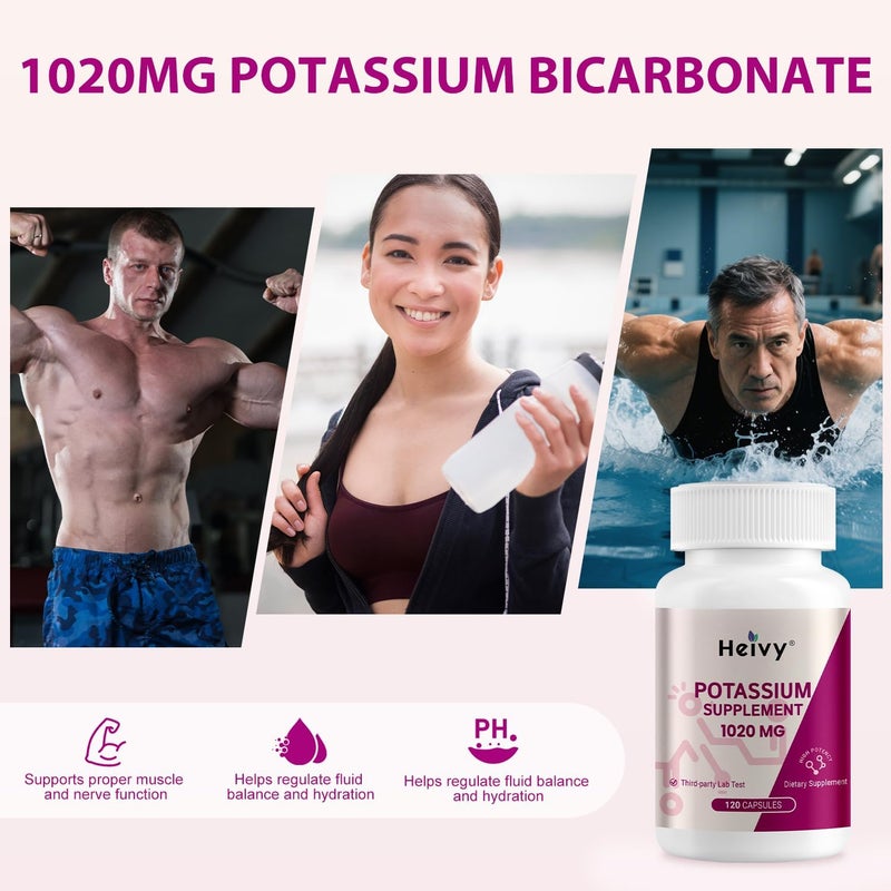 Heivy Potassium Supplement 510 mg Potassium Bicarbonate Supports Electrolyte Balance Muscle Function  Heart Health Gluten Free NonGMO 120 Vegetarian Capsules - Image 5
